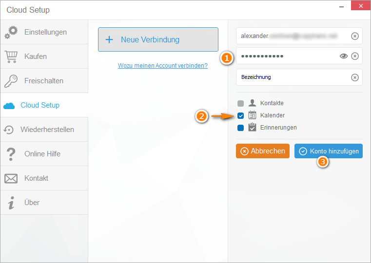 Cloud Setup Benutzerdaten eingeben