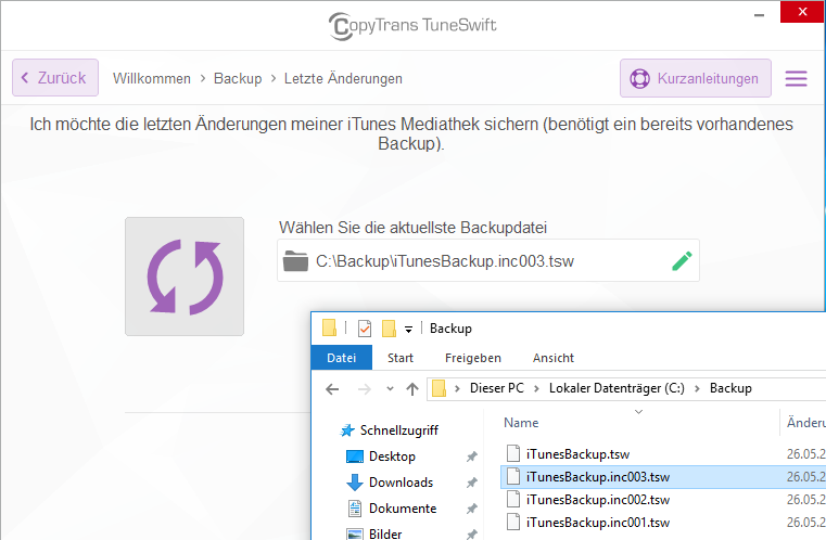 Backup für letzte Änderungen auswählen