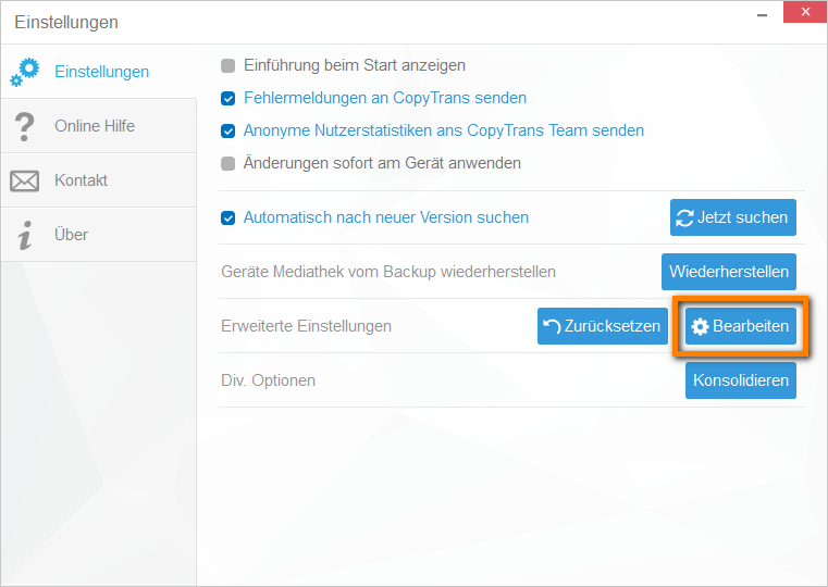 Erweiterte Einstellungen in CopyTrans Manager