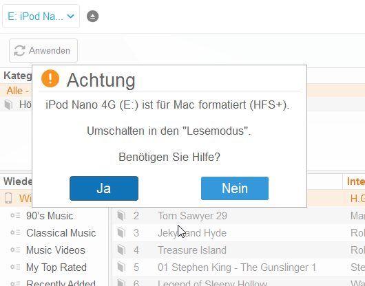 Für Mac formatierter iPod im Lesemodus