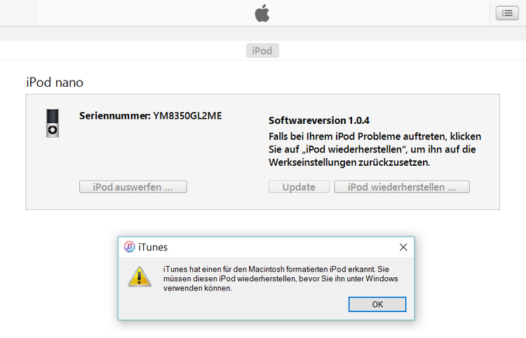 Für Mac formatierter iPod in iTunes wiederherstellen