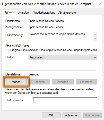 Apple Mobile Device Service starten