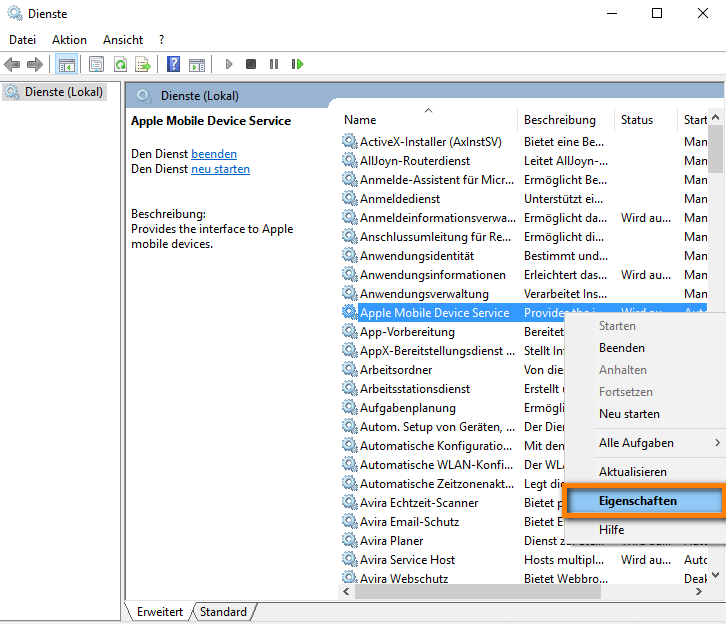 Apple Mobile Device Service Eigenschaften