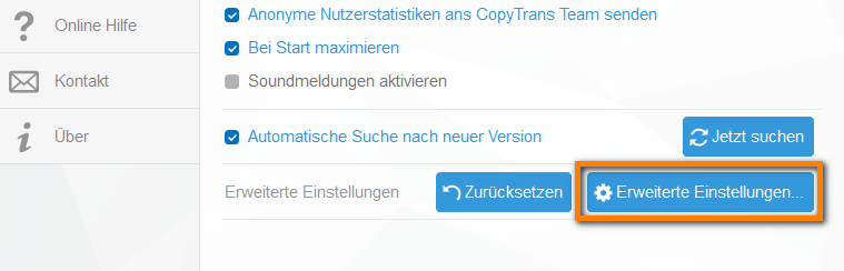 Erweiterte Einstellungen in CopyTrans