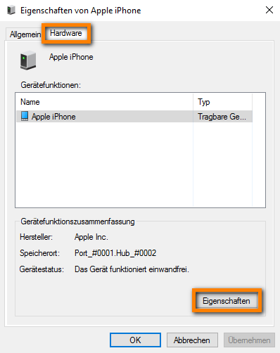 Eigenschaften vom Apple Gerät auswählen