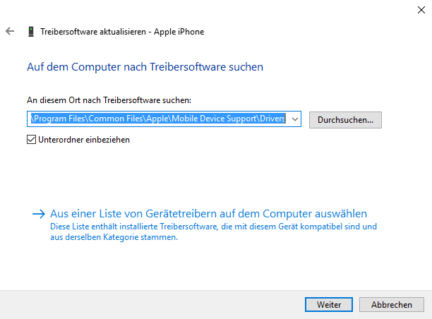 Apple Treiberordner am PC wählen