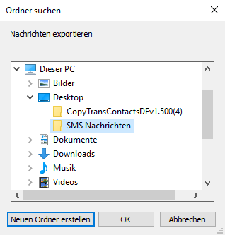 Zielordner auswählen und SMS speichern