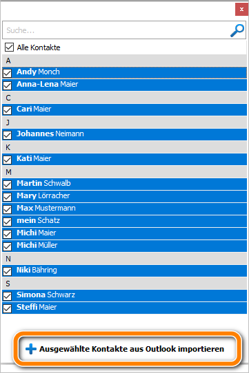 Kontakte aus Outlook zum Importieren auswählen