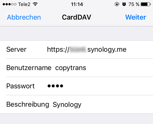 CardDAV-Einstellungen auf dem iPhone