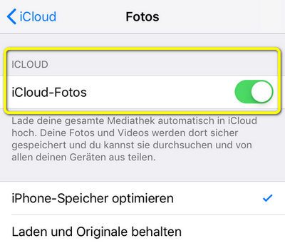 Prüfen, ob die Funktion iCloud-Fotos an ist