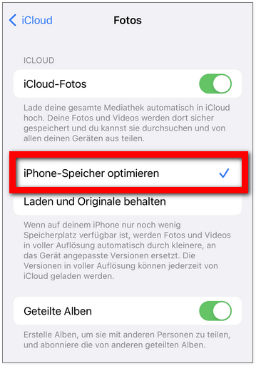 iCloud aktivieren - Speicher optiimieren