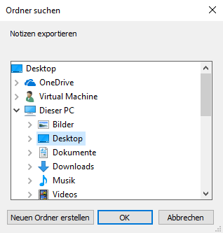 Zielordner auf dem PC wählen