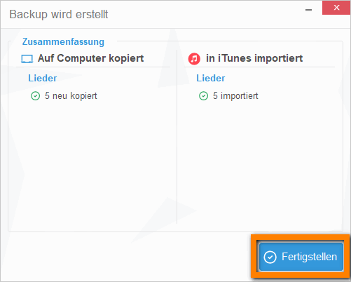 Übertragung in iTunes fertig stellen