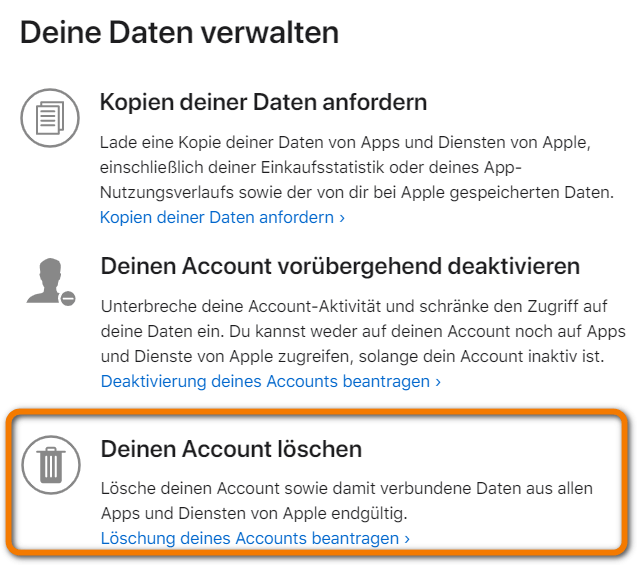 Apple ID entfernen auf der Apple Website
