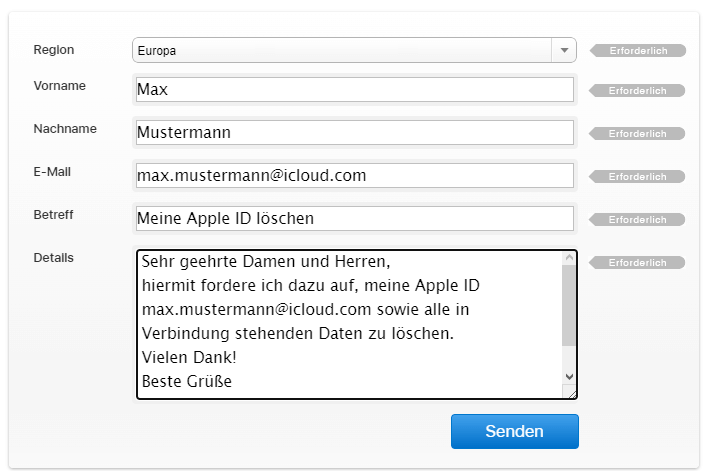 Apple ID löschen iPhone über Formular