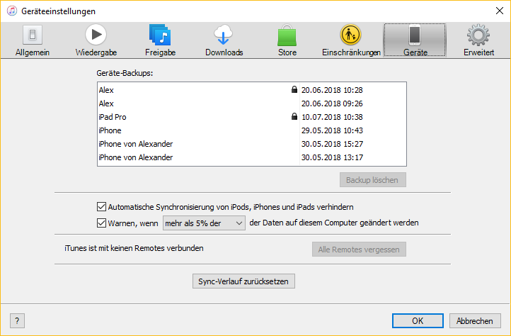 Liste der iTunes Backups im iTunes anzeigen