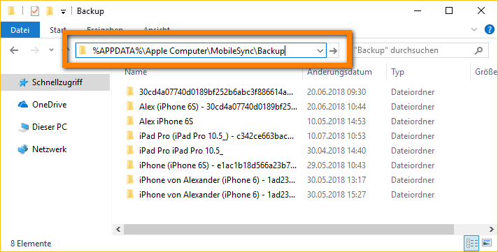 In den Windows iTunes Backup Pfad einfügen