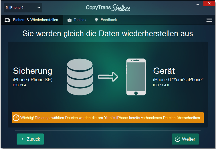 die Daten werden wiederhergestellt CopyTrans Shelbee