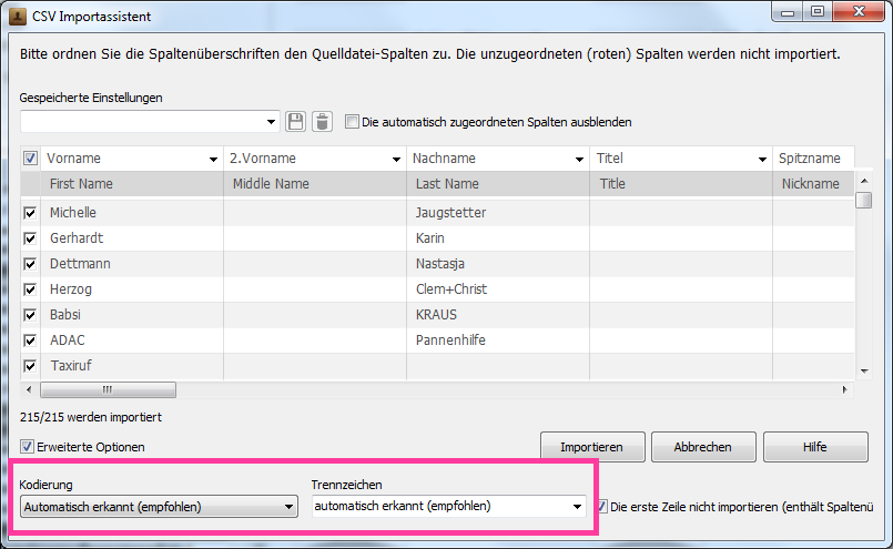 Kodierung in der CSV-Kontaktdatei ändern 