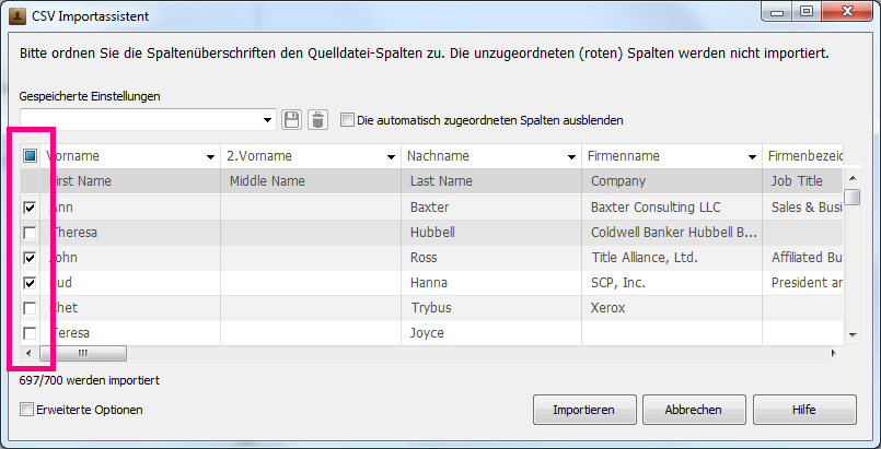 Kontakte aus CSV-Datei teilweise importieren