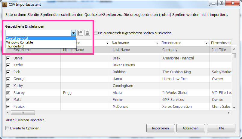 Einstellungen beim Kontakteinmport aus Excel sichern