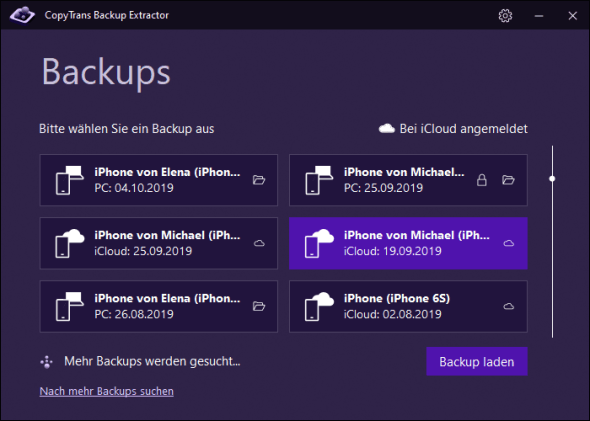 iCloud Backup im Programm auswählen