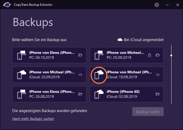 Wo finde ich gelöschte Kontakte: iCloud Backup im Programm bezeichnet