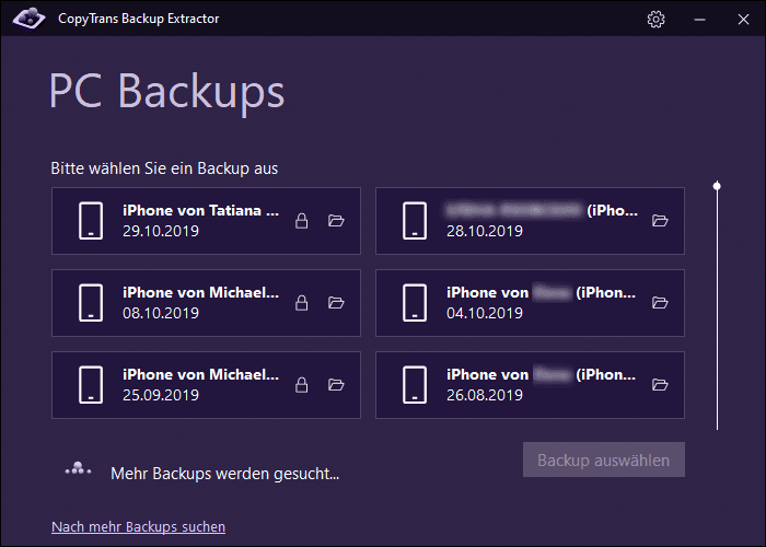 Liste von iOS-Backups im Programm dargestellt