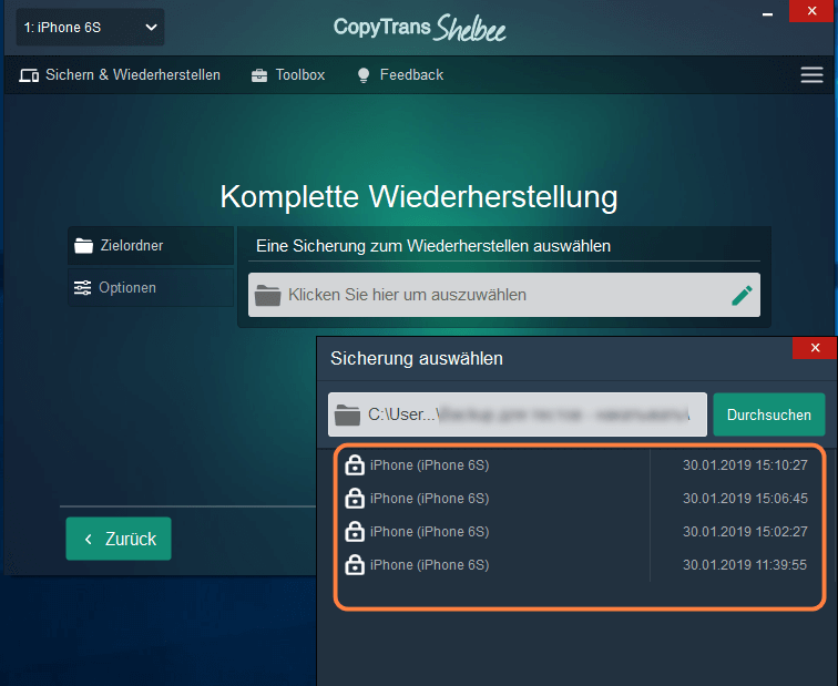 Sicherung zum Wiederherstellen auswählen