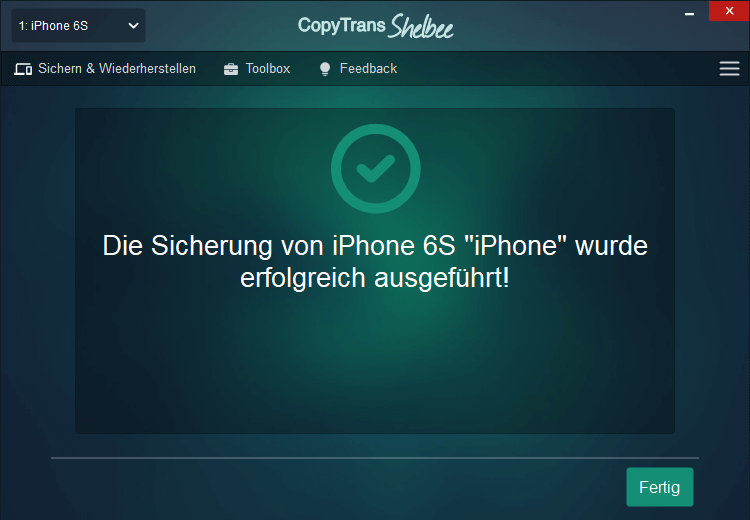 iPhone Backup erfolgreich mit CopyTrans Shelbee war erfolgreich