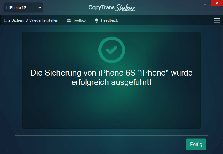 Sicherung mit CopyTrans Shelbee war erfolgreich