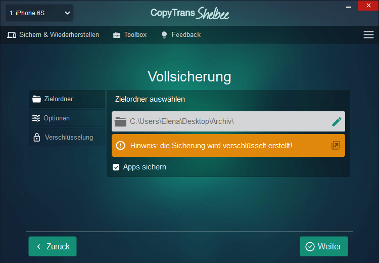 Zielordner in CopyTrans Shelbee auswählen