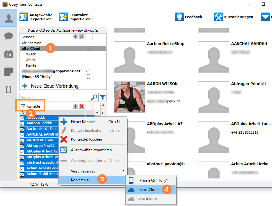 Kontakte von iCloud zu iCloud übertragen