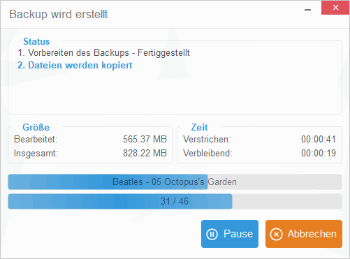 Backup der Musikdaten in CopyTrans wird ausgeführt