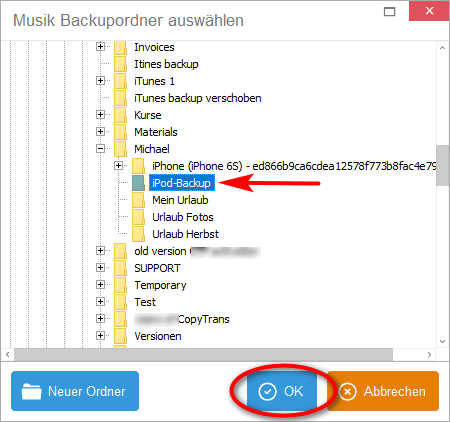 Zielordner zum Übertragen der Musik auswählen