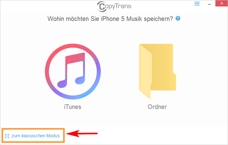 Zum klassischen Modus in CopyTrans umschalten