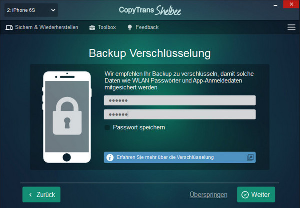 iPad Apps auf PC übertragen: iPhone Backup verschlüsseln