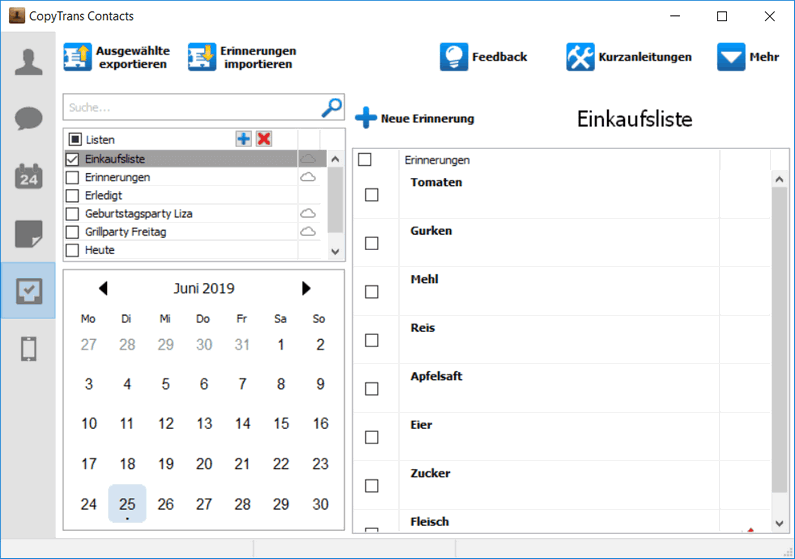 Erinnerungen in CopyTrans Contacts zeigen