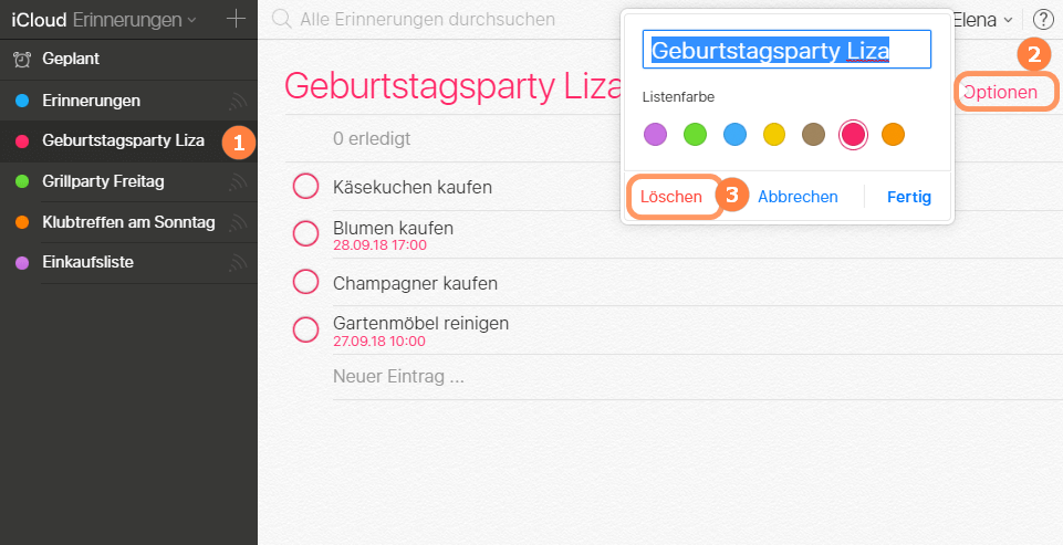 Erinnerungsliste in iCloud löschen