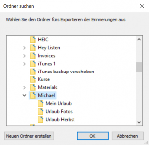 Ordner auswählen, um iPhone Erinnerungen zu speichern