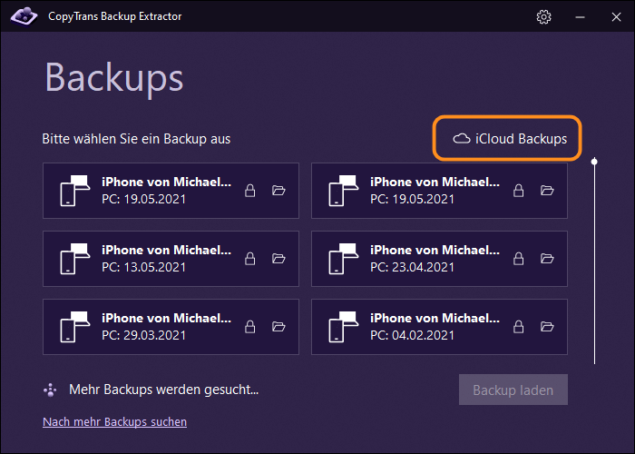 iCloud Backups finden und im Programm öffnen