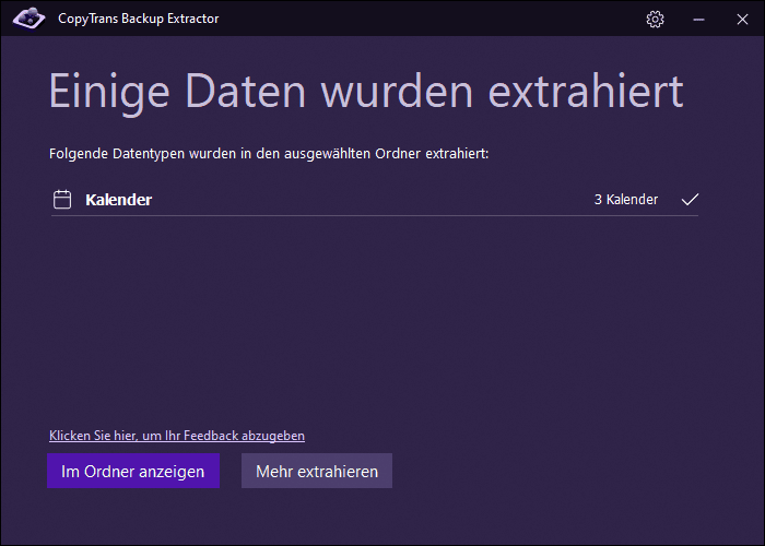 Das Extrahieren von Daten aus dem Backup war erfolgreich