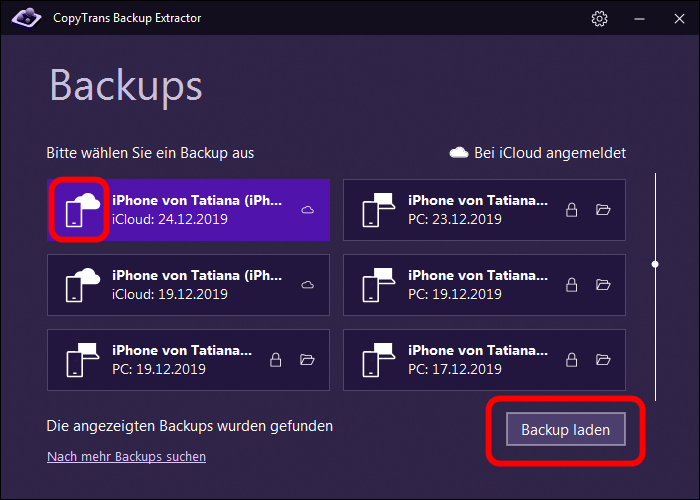 ein passendes Backup auswählen