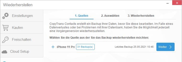 iPhone Kontakte Backups in CopyTrans Contacts