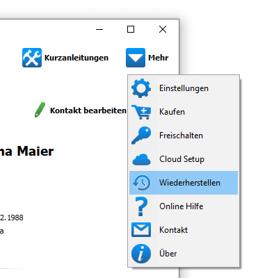 In CopyTrans Contacts auf Mehr und Wiederherstellen klicken