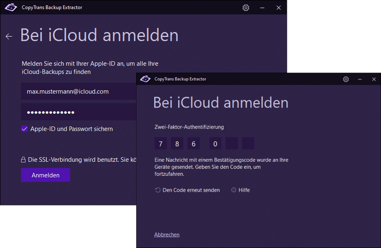 Bei iCloud in CopyTrans Backup Extractor anmelden 