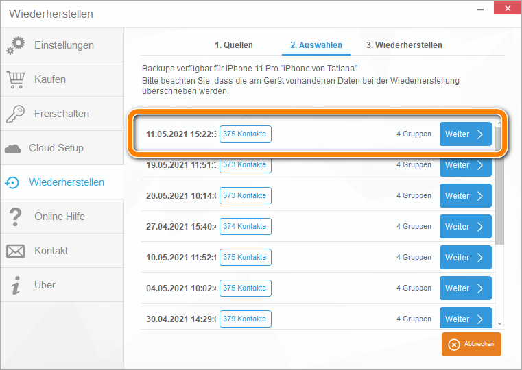 nur Kontakte aus Backup wiederherstellen iPhone