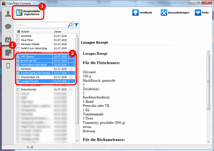 ausgewählte Notizen exportieren