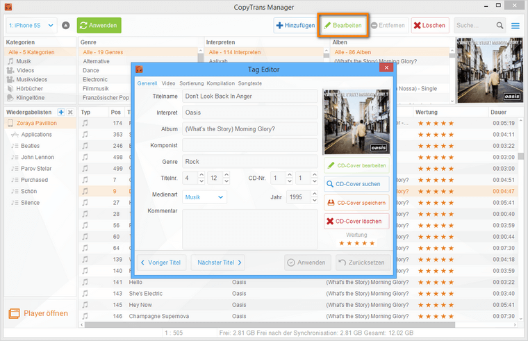 Musik ttags mit CopyTrans Manager bearbeiten
