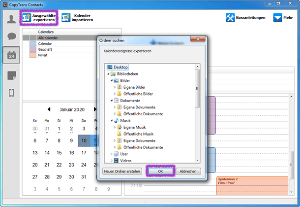 Ausgewählte Kalender exportieren